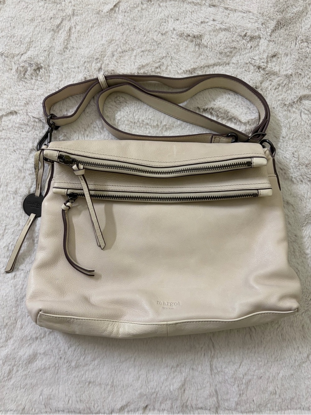 Margot New York Mickey Double Zip Genuine Leather Foldover Crossbody Bag Ivory